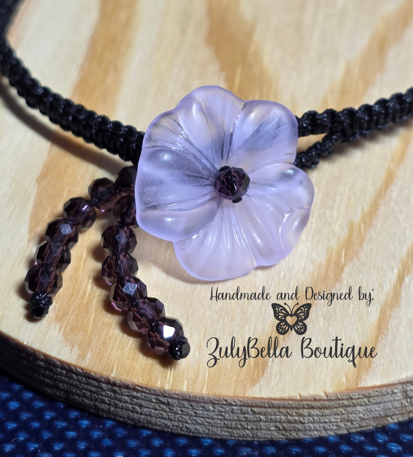 Marcrame Cord Bracelet - Lavendar Frosted Flower Button Closure.