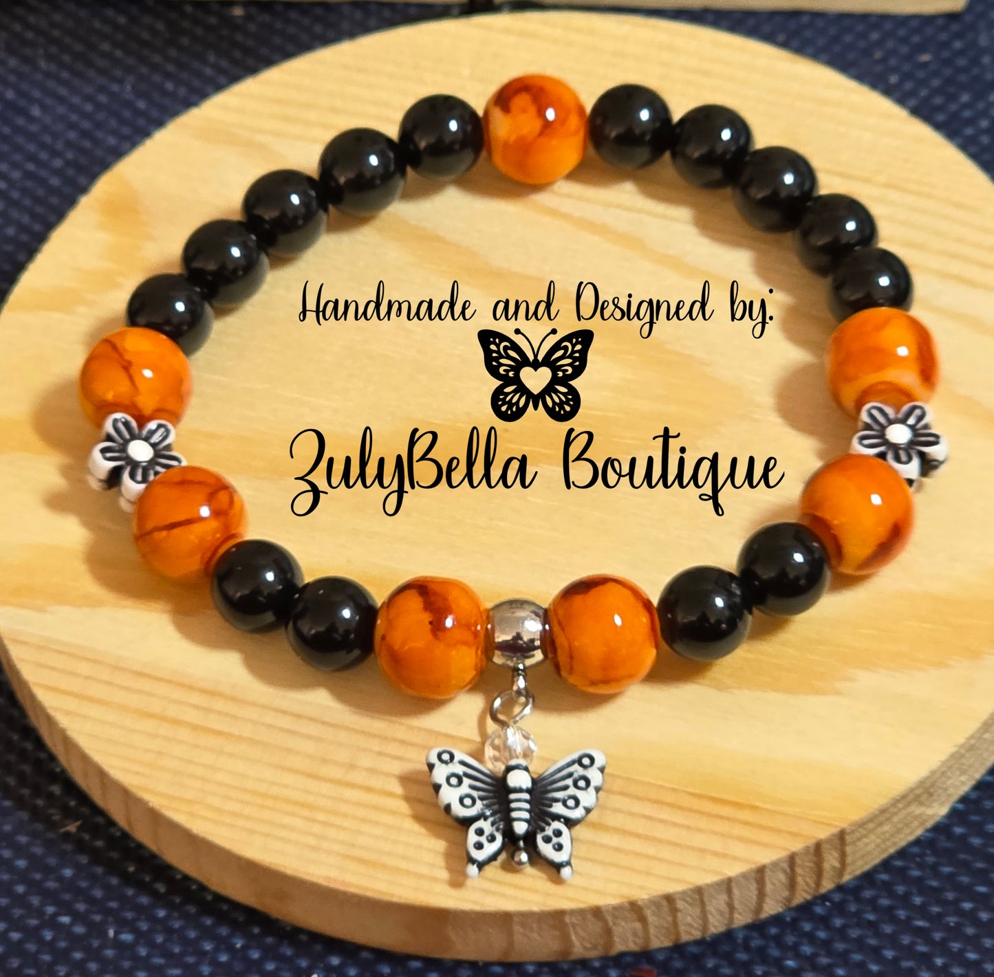Butterfly Bracelet and Earring Jewelry Set - Orange/ Black
