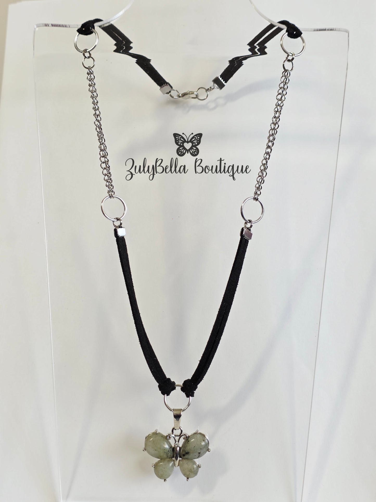Faux Suede Cord Necklace - Labradorite Butterfly 20" - Extender Chain optional.