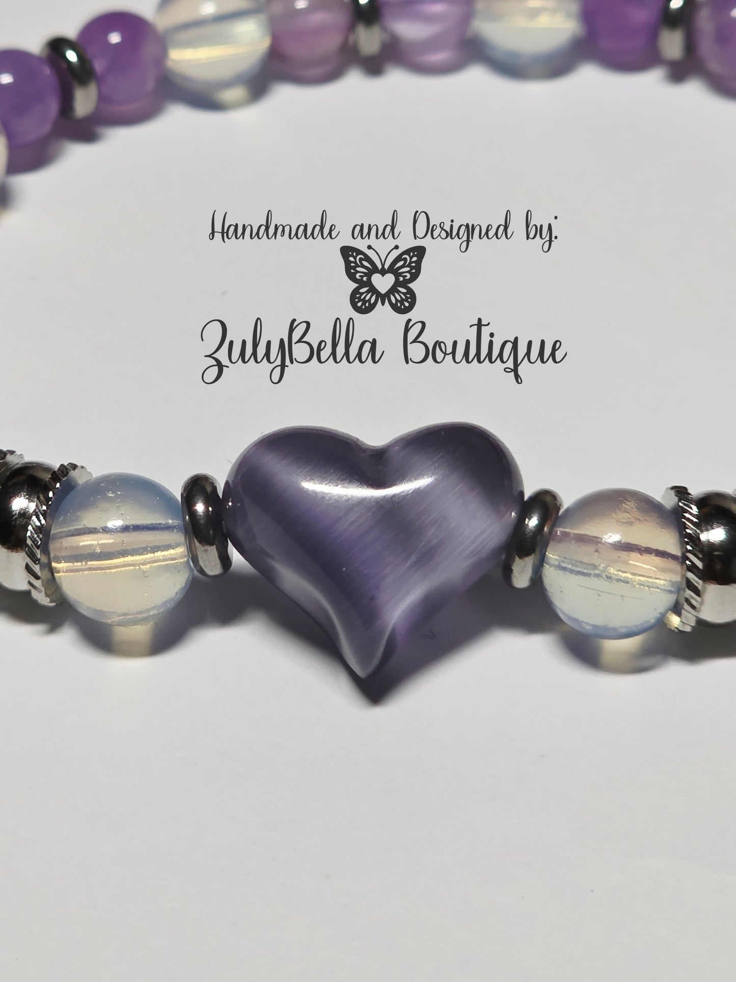 Amethyst, Opalite and Cateye Heart Stretchy Bracelet. 7.5"