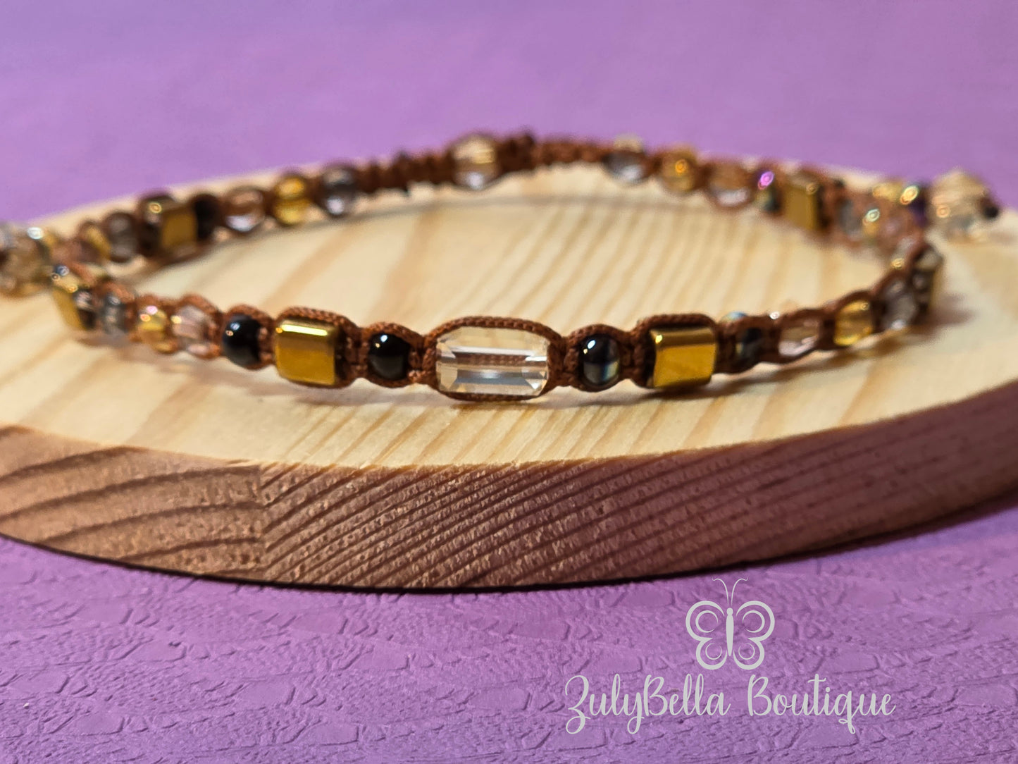Macrame Cord Bracelet Adjustable Slider - Brown and Gold