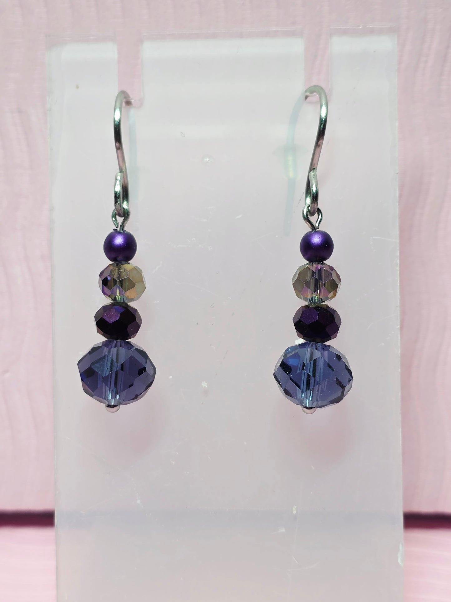 Dangle Beaded Earrings- Blue Purple - Stainless Steel