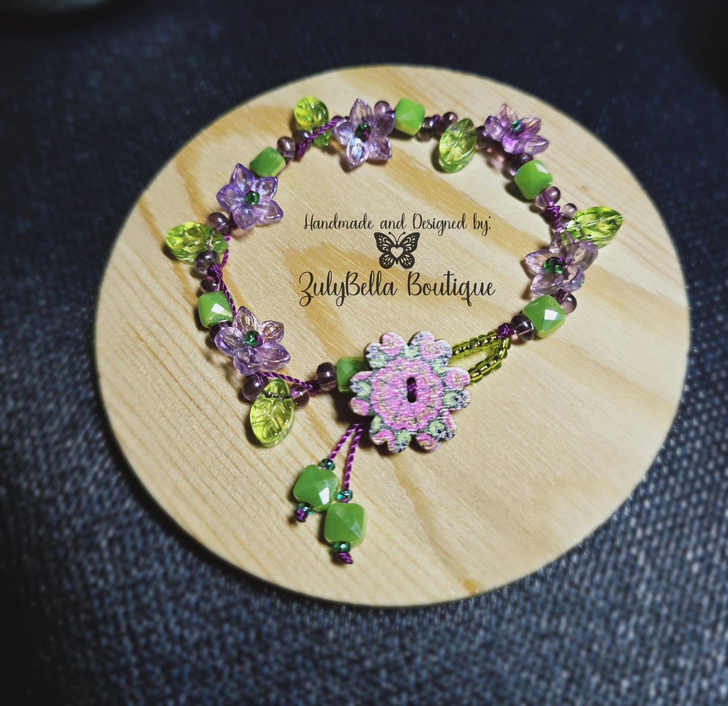 Knotted Cord Bracelet with Decorative Button Closure - Purple/Green - Size 8"- Plus Size.