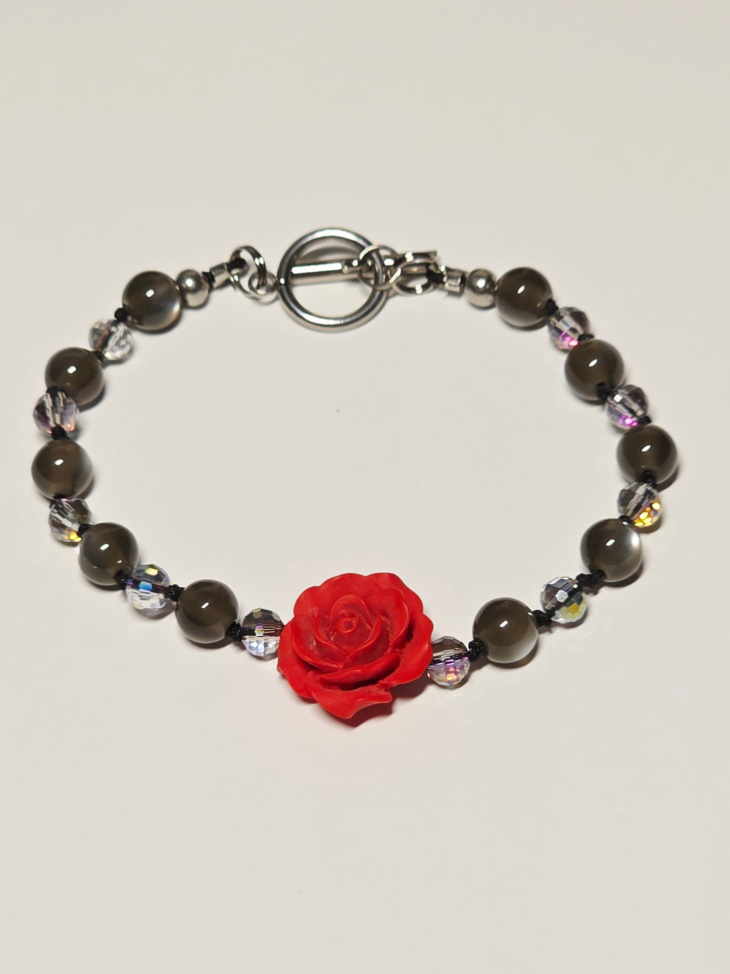 Red Rose Knotted Cord Bracelet - Resin and Glass - Toggle Closure.