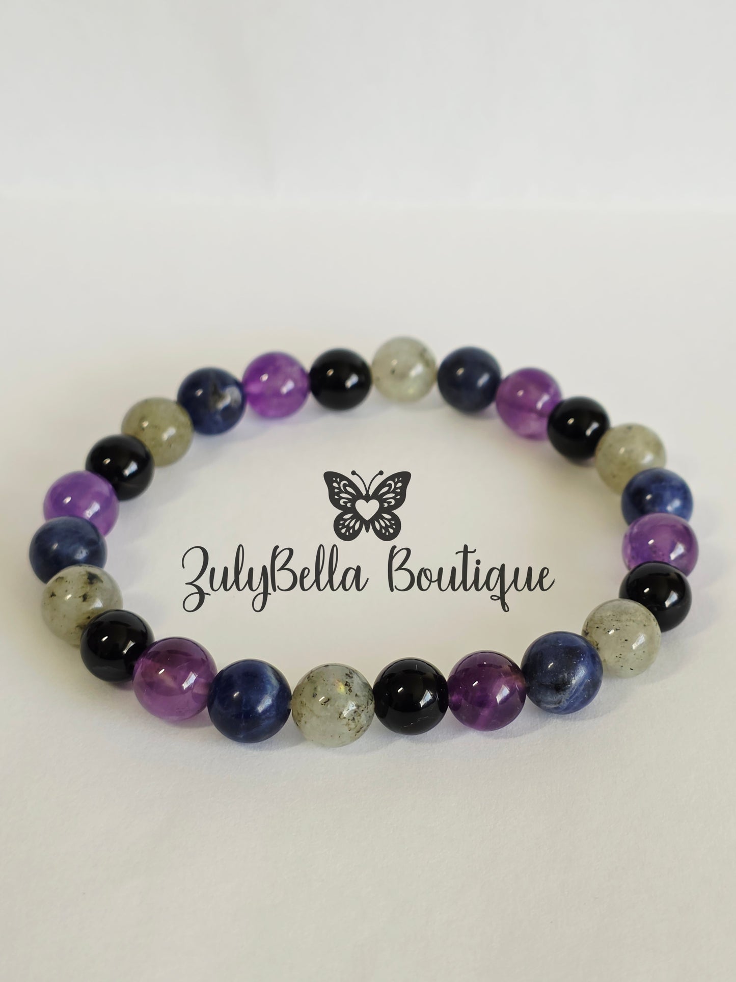 Natural Gemstone Stretchy Bracelet- Amethyst, Sodalite, Labradorite and Obsidian.
