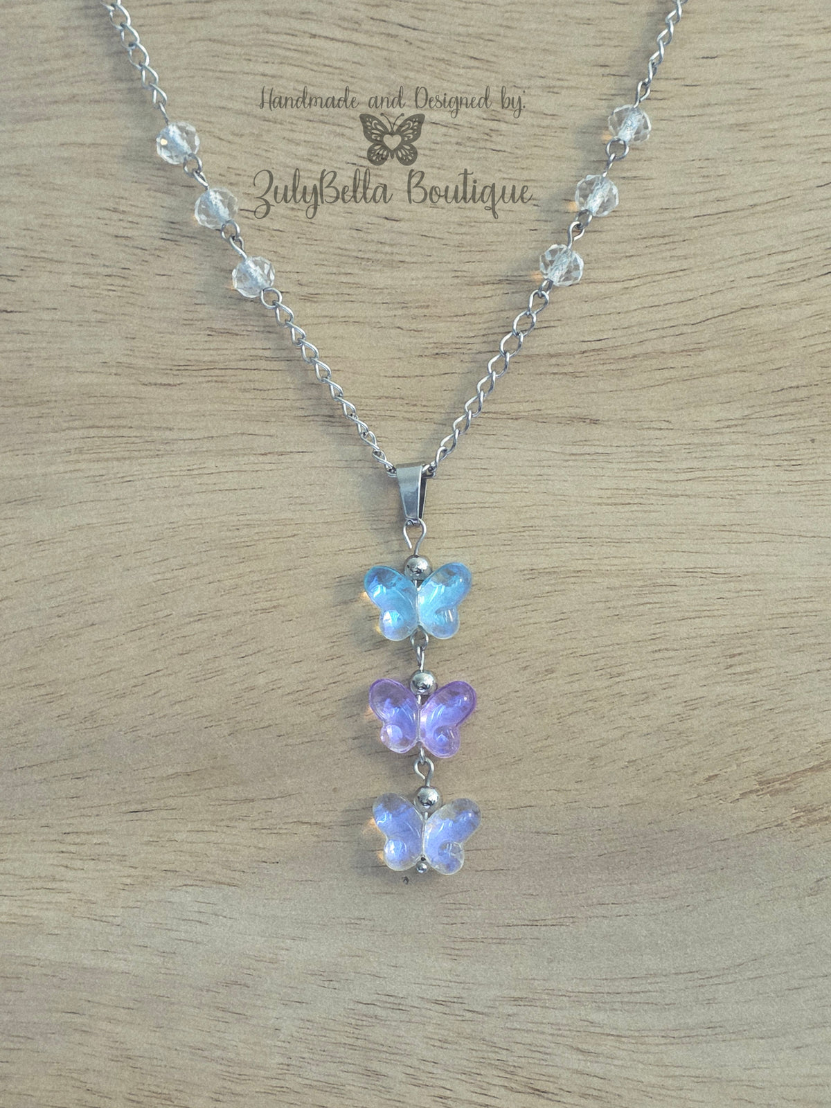 Stainless Steel Lariat Chain Necklace - Butterflies - Multi-color 19"