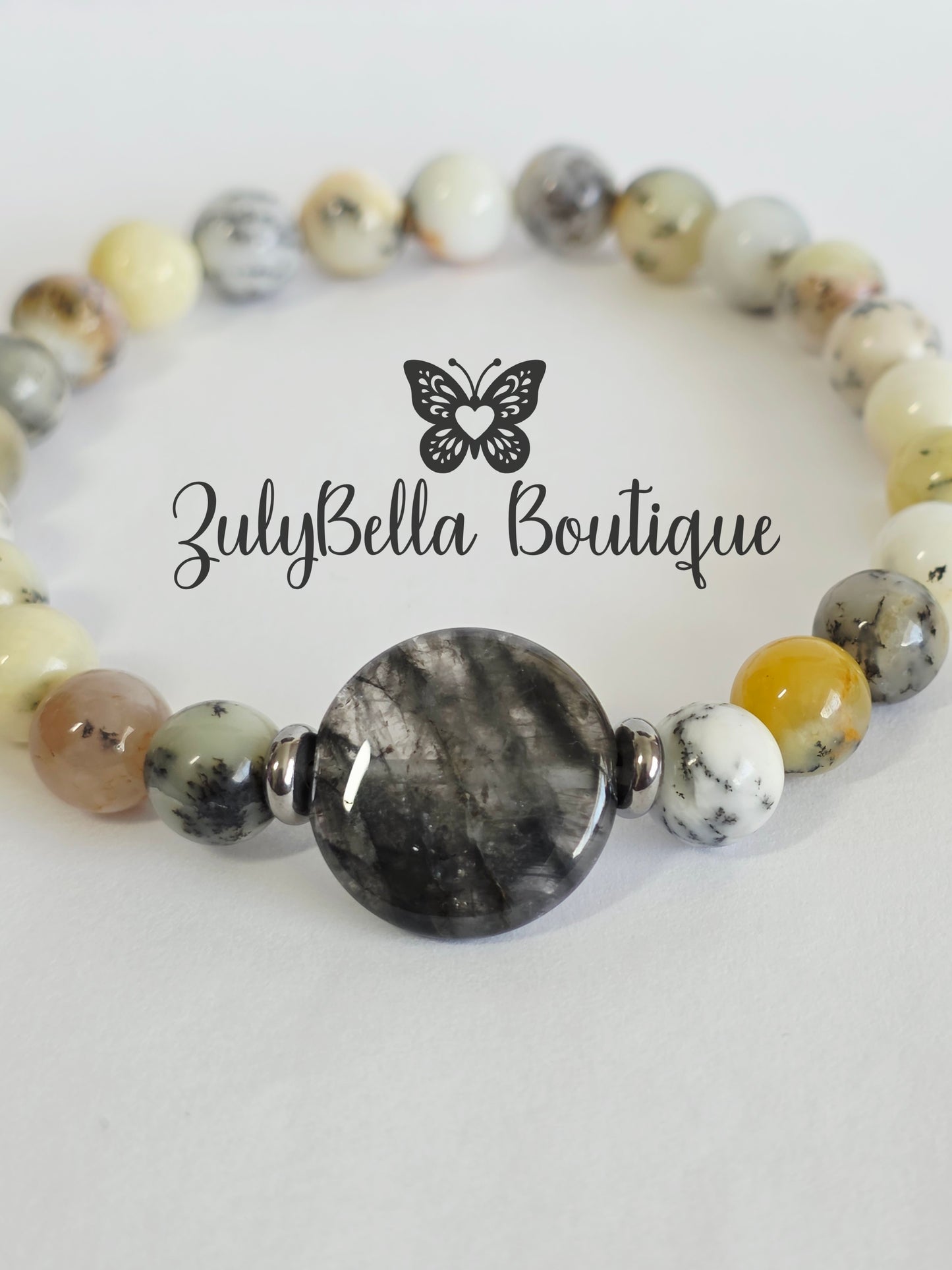 Dendritic Opal and Grey Agate Stretchy Bracelet
