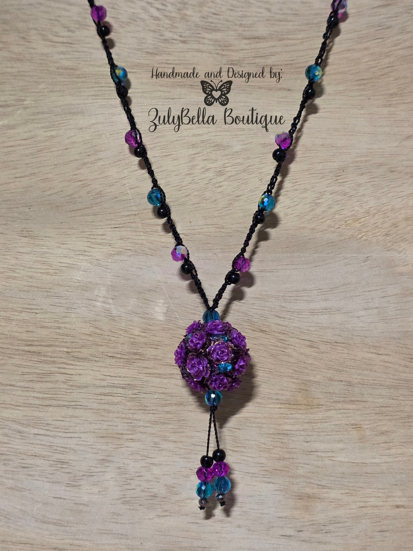 Crochet Beaded Necklace- Purple Royal Garden - 24"