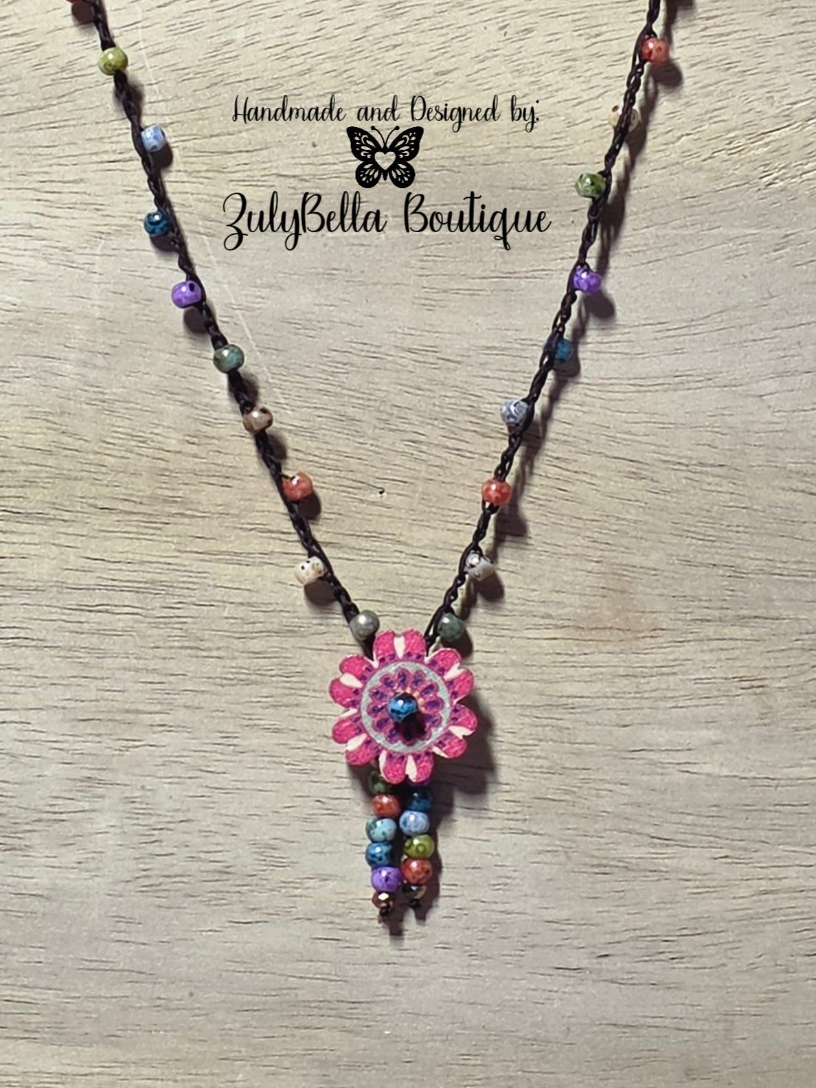 Crochet Beaded Necklace - Button Flower - 26"