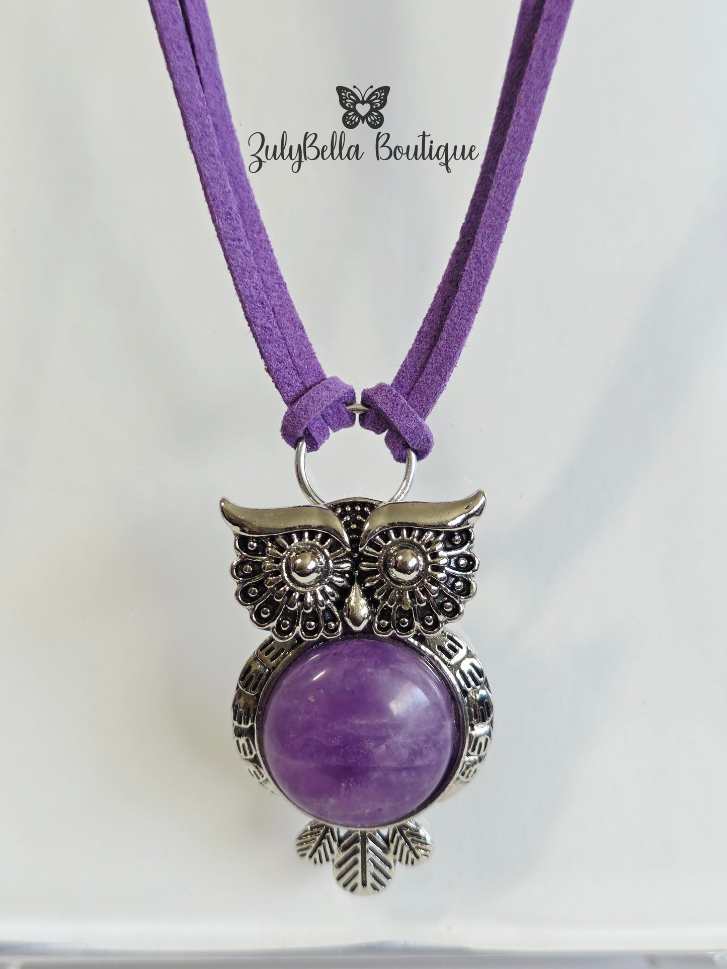 Purple Owl Faux Suede Cord Necklace- 23"