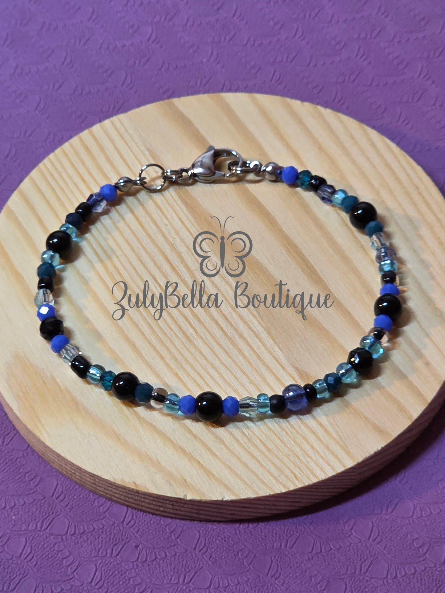 Cord Bracelet with Lobster Clasp - Black and Blue Glass Beads.