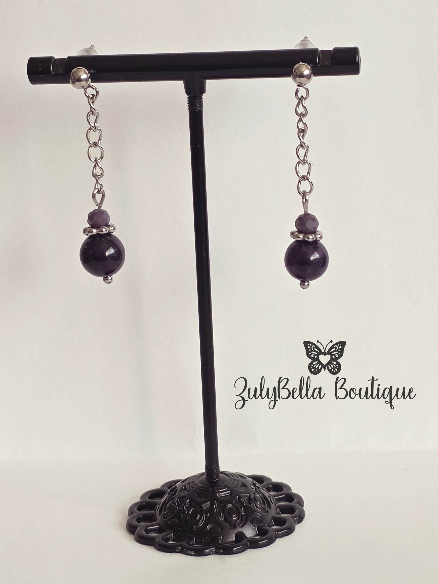 Dark Purple Stone Dangle Chain Earrings- Stainless Steel