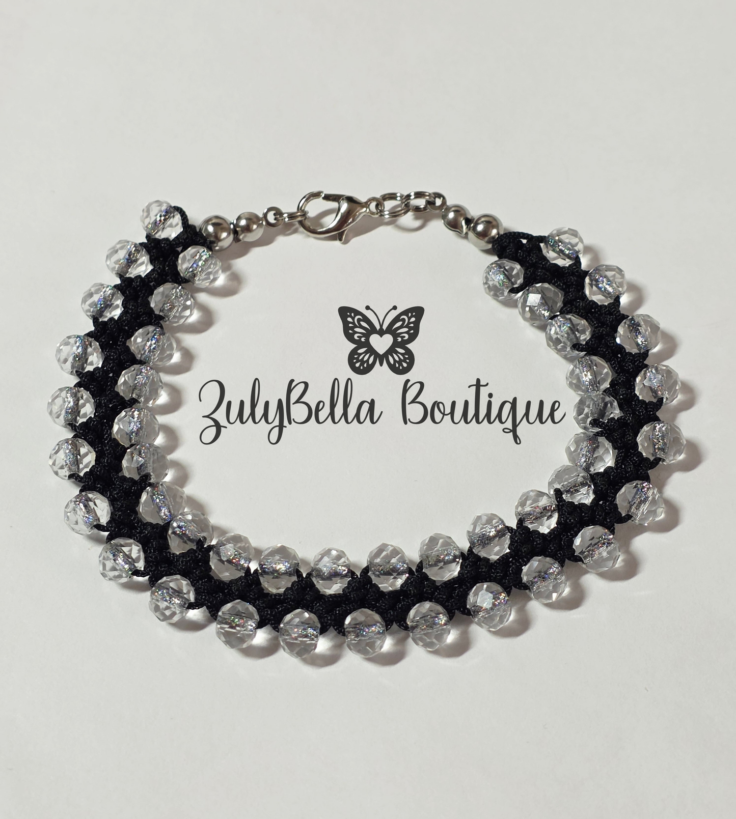 Turkish Crochet Bracelet - Black / Silver - 7.75" Plus Size