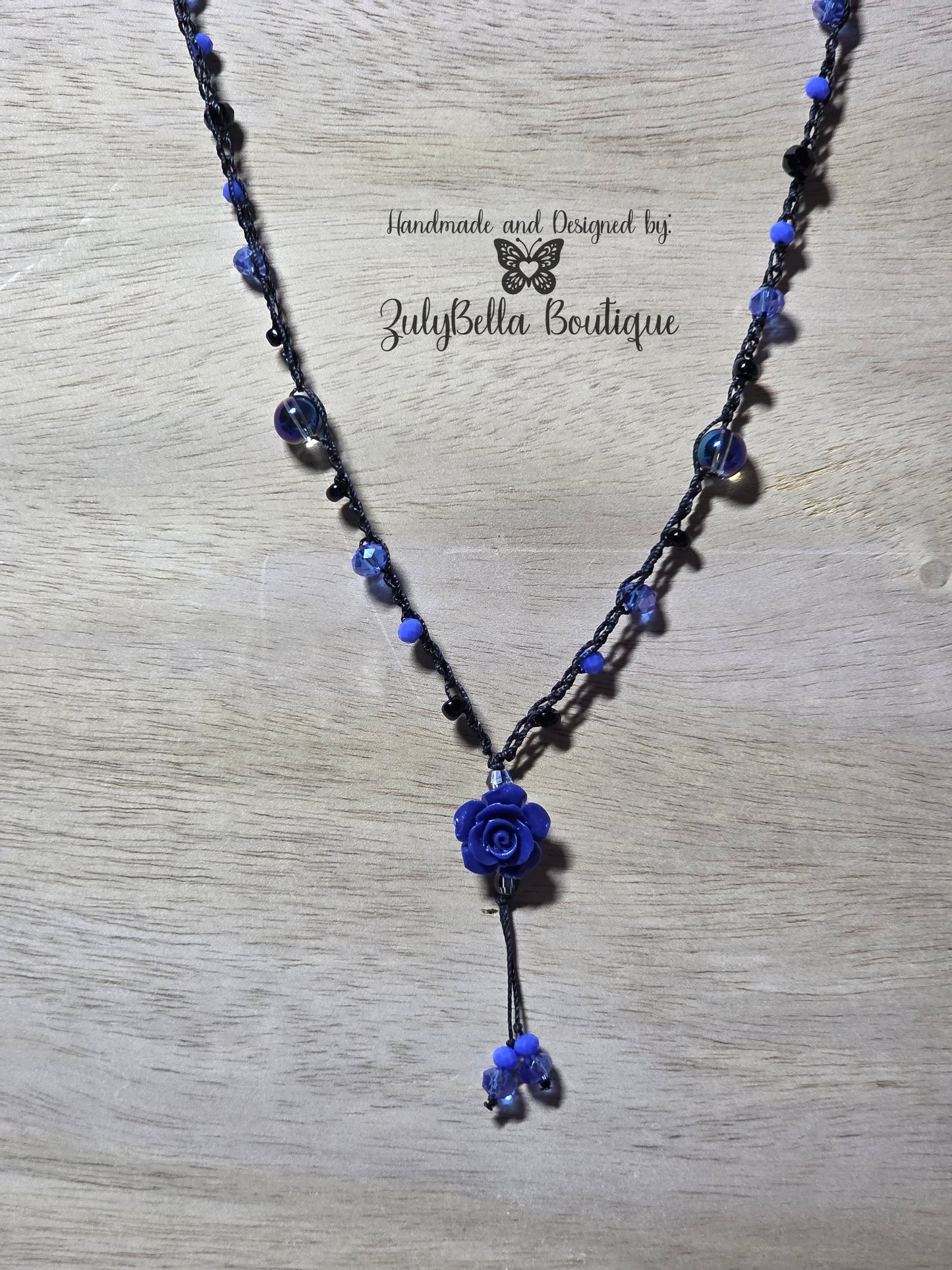 Crochet Beaded Necklace - Blue Rose - 26"
