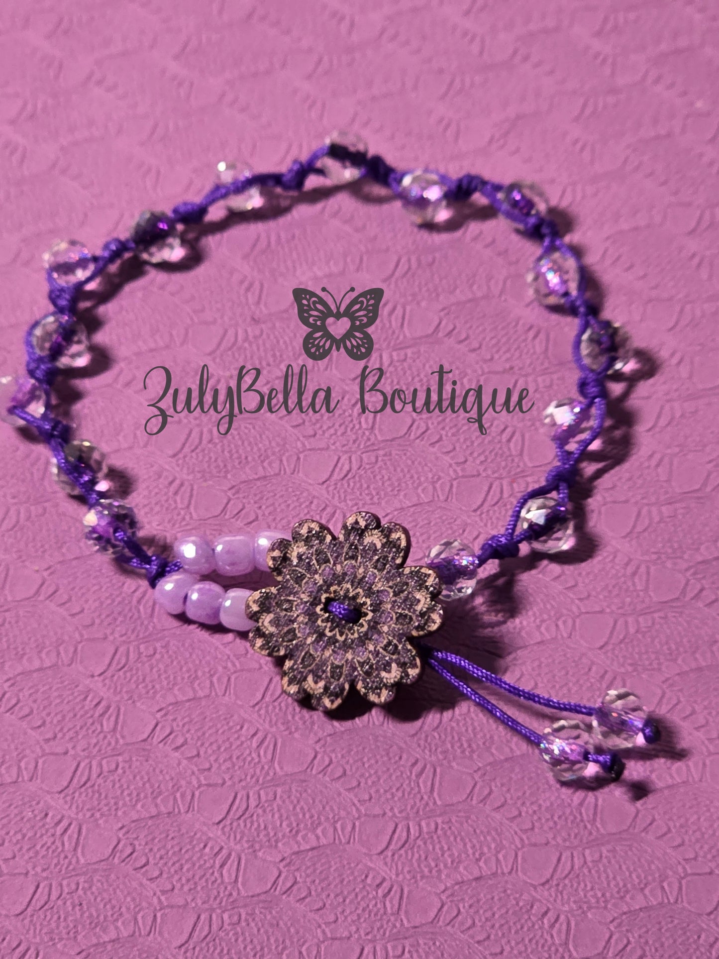 Knotted Cord Bracelet with Decorative Button Closure - Purple