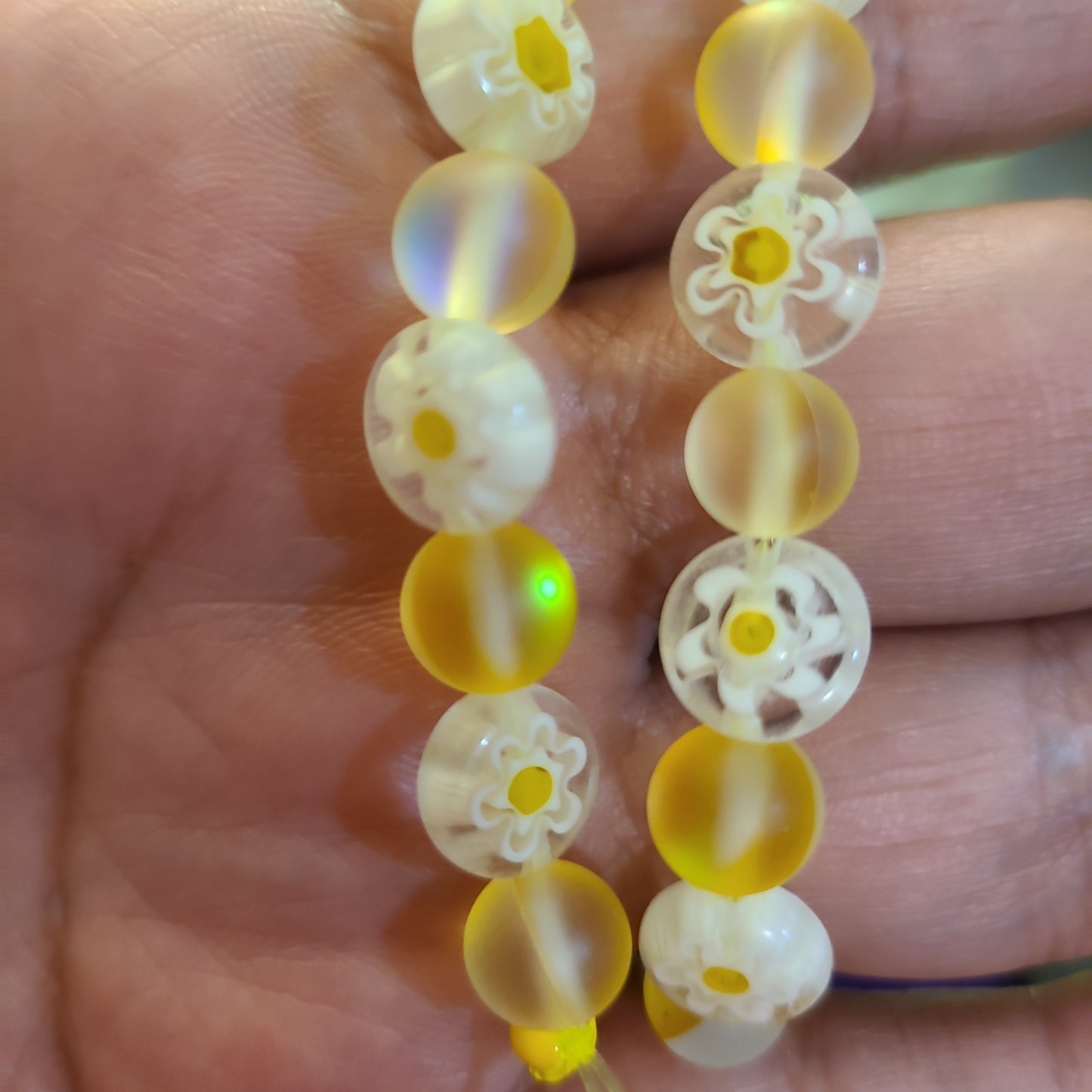 Yellow Aurora Glass/Millefiori Beads- aprox 39- 1 Strand - 8mm