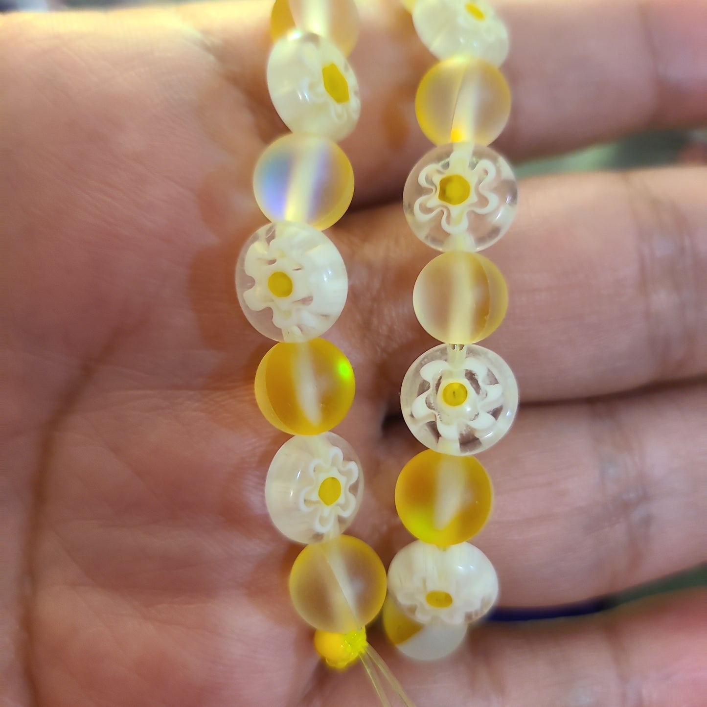 Yellow Aurora Glass/Millefiori Beads- aprox 39- 1 Strand - 8mm