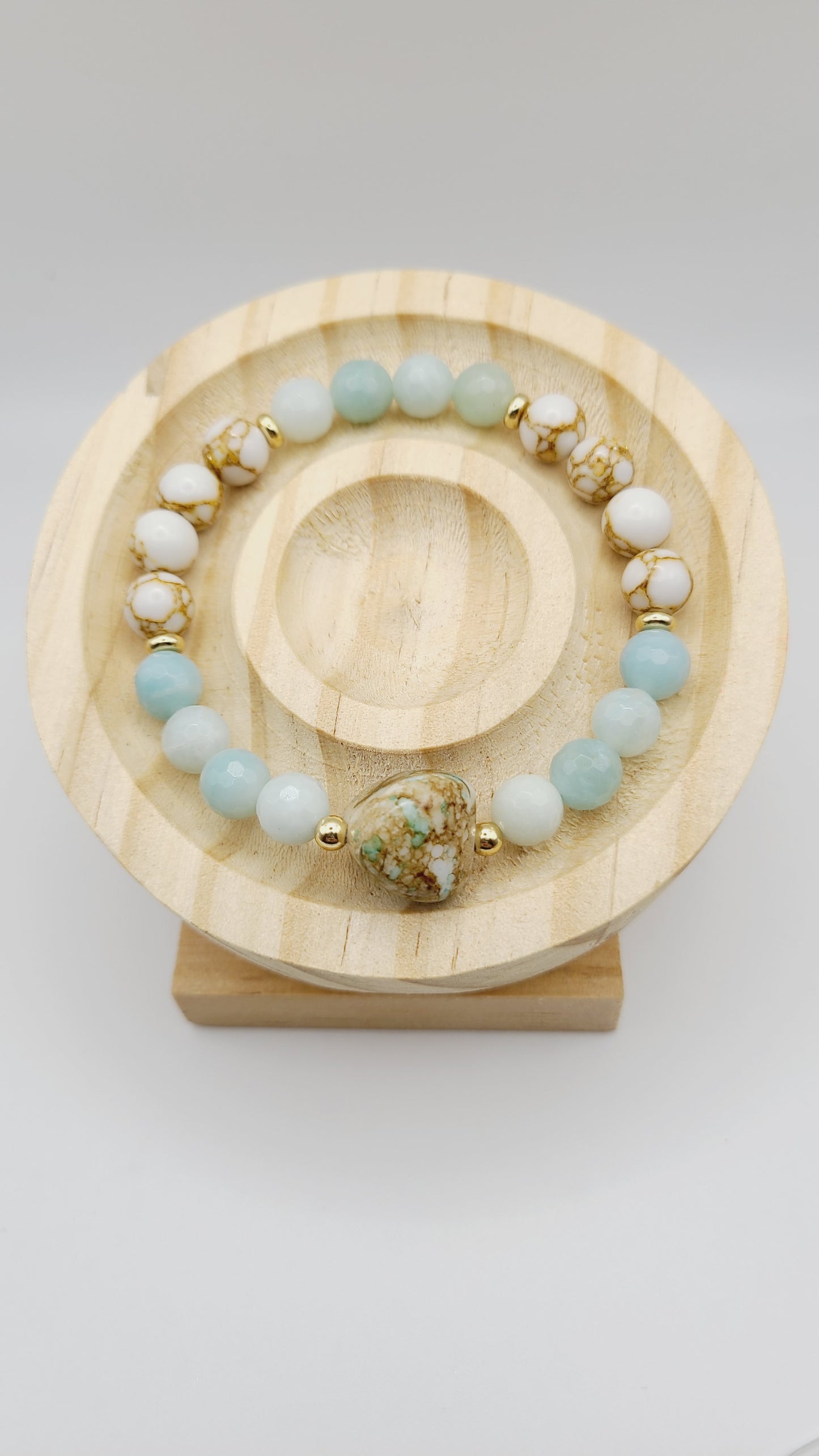 Faceted Amazonite and Gold Thread Howlite Natural Gemstone Beaded Bracelet