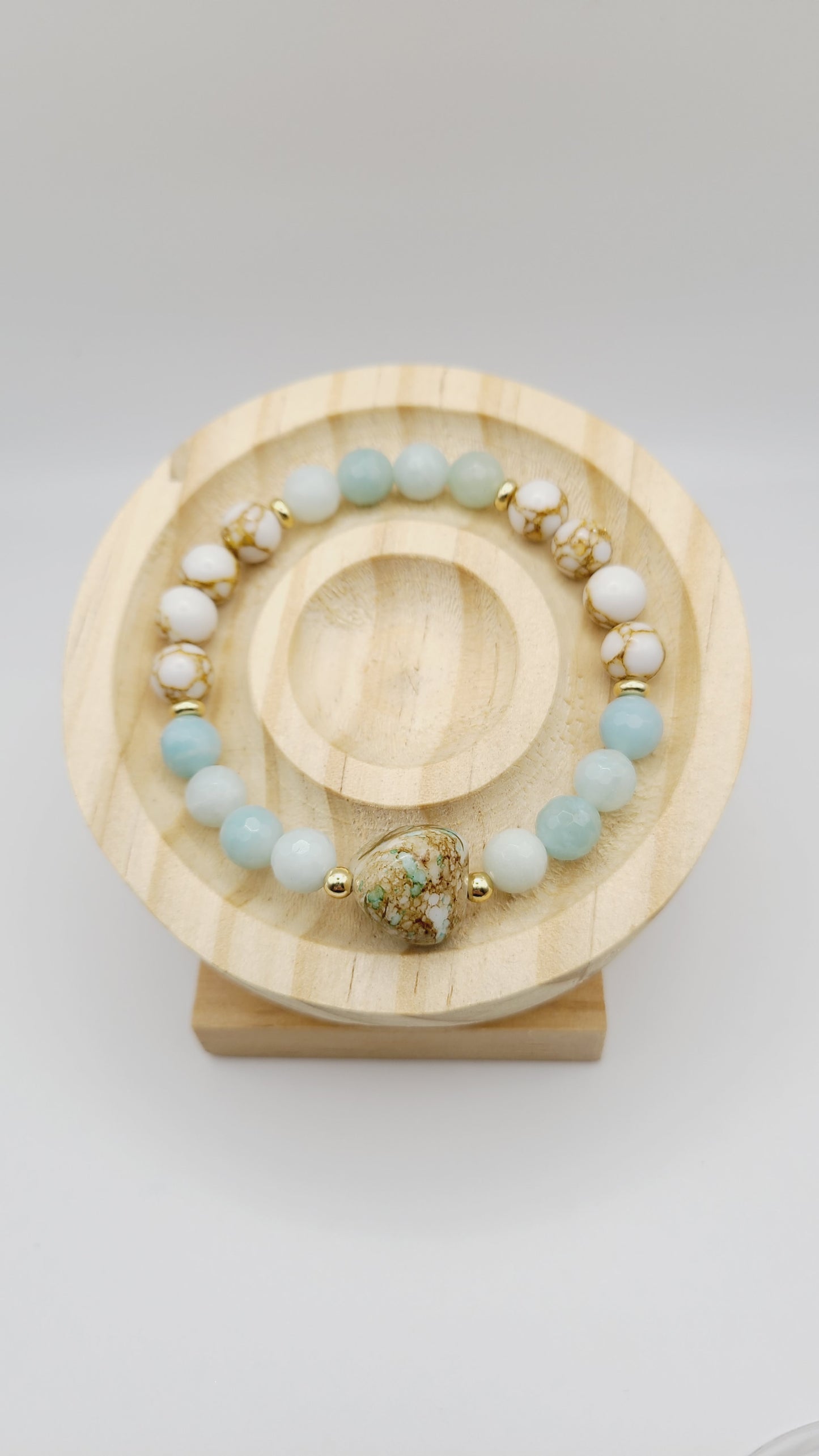 Faceted Amazonite and Gold Thread Howlite Natural Gemstone Beaded Bracelet