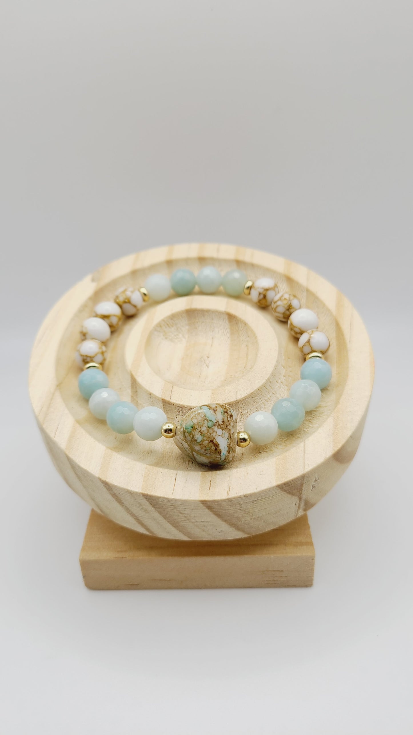 Faceted Amazonite and Gold Thread Howlite Natural Gemstone Beaded Bracelet