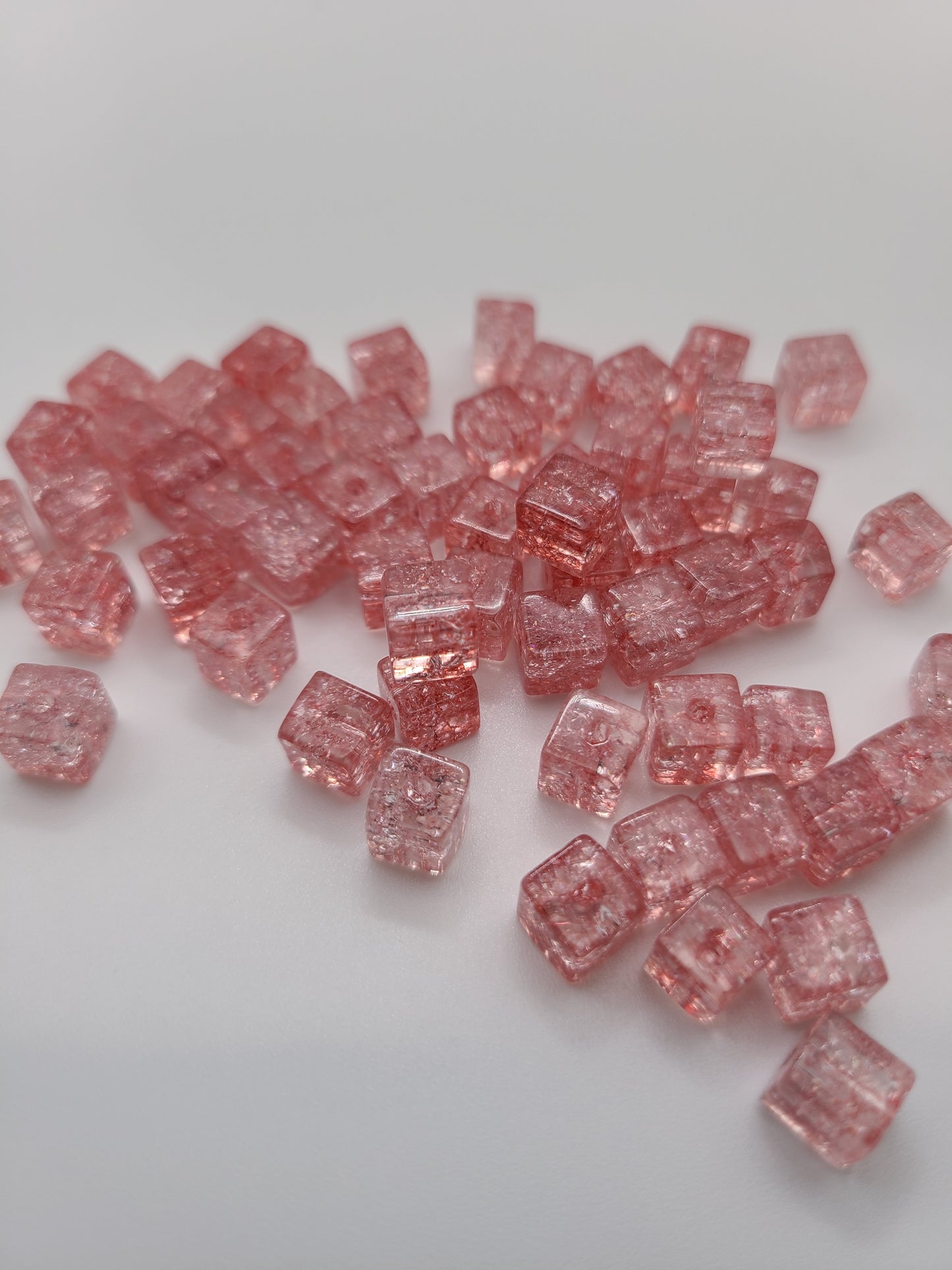 Strawberry Pink Cracked Glass Square Loose Beads - 7mm - Qty. 58