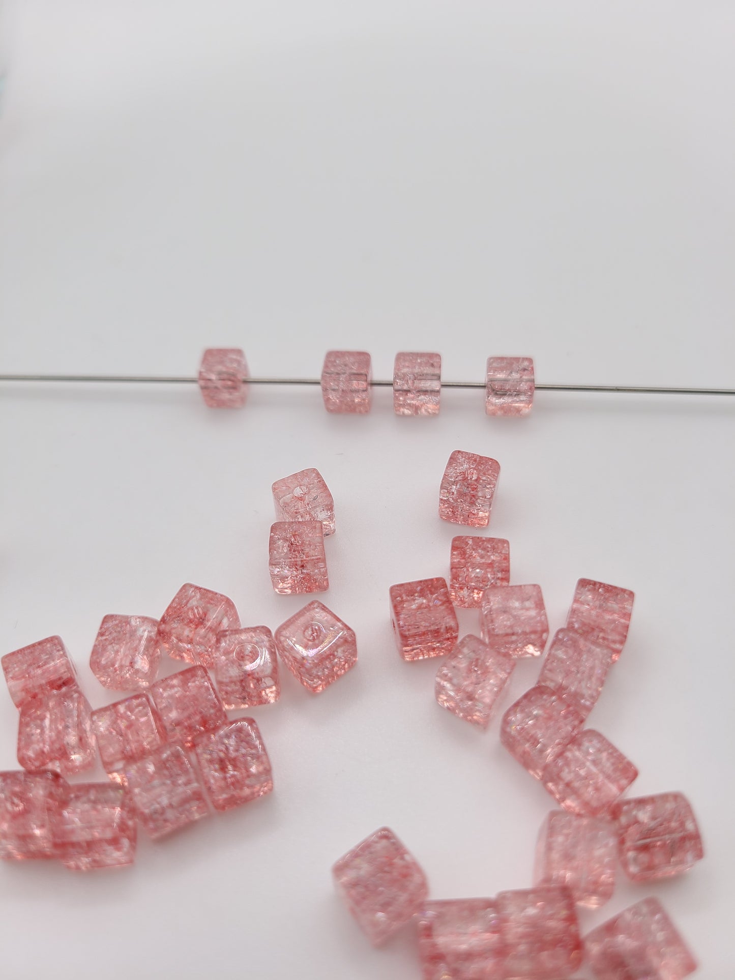 Strawberry Pink Cracked Glass Square Loose Beads - 7mm - Qty. 58