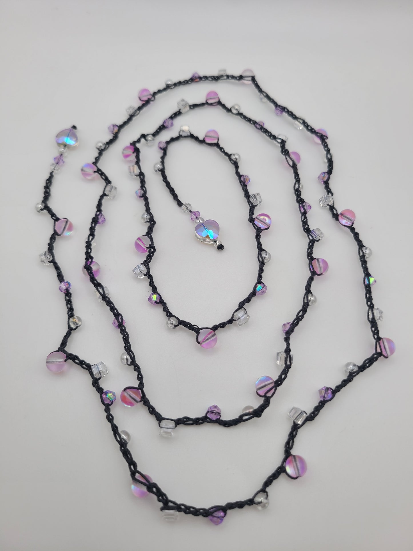 Mermaid Glass and Faceted Heart Crochet Wrap Necklace