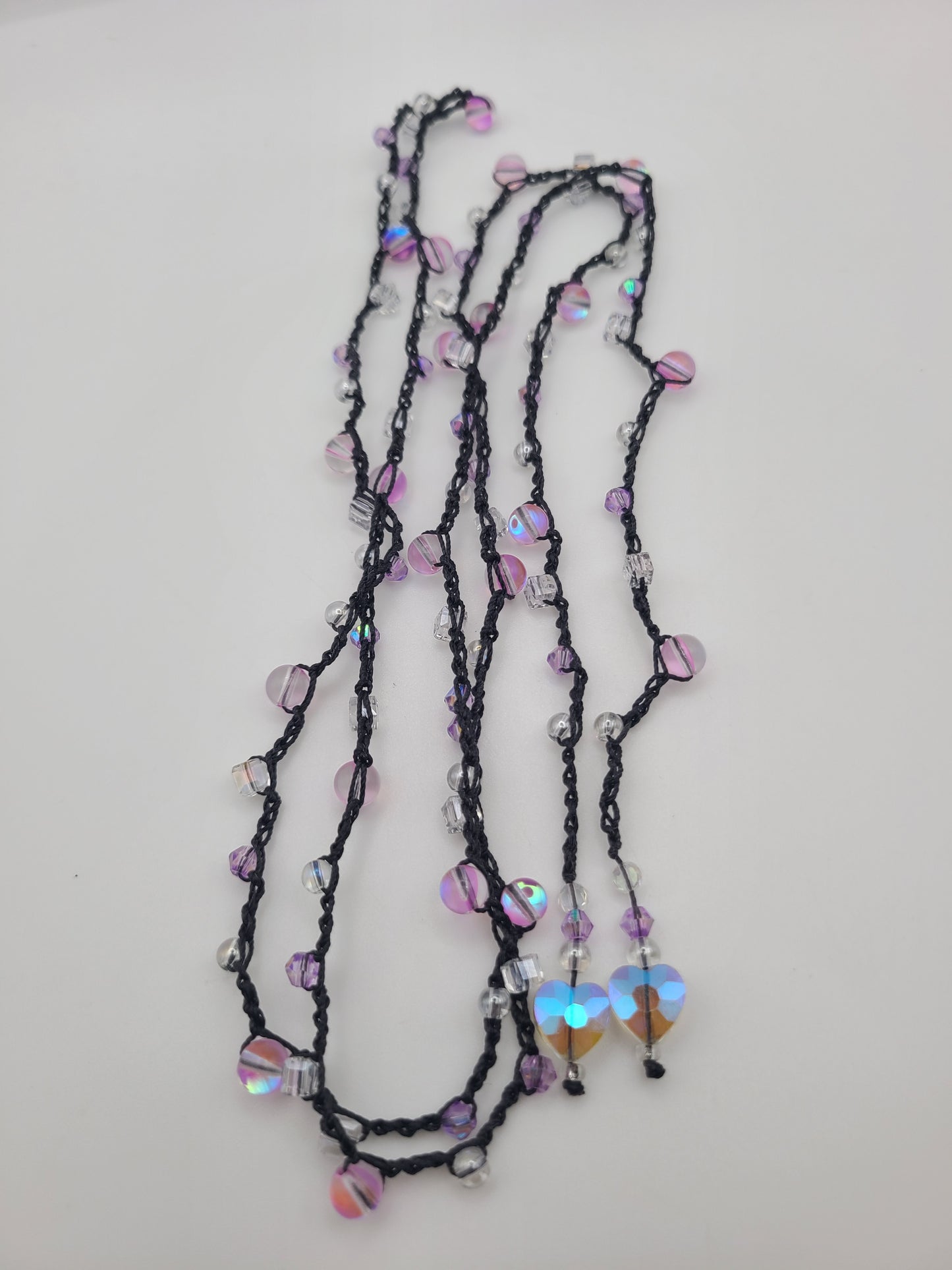 Mermaid Glass and Faceted Heart Crochet Wrap Necklace