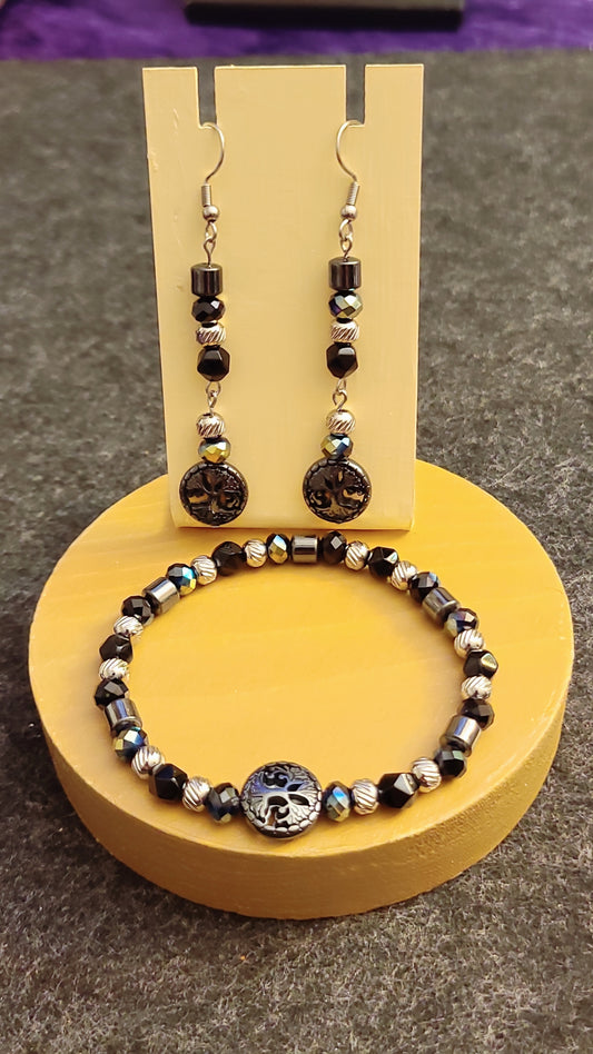 Tree of Life Hematite Bracelet and Earring Set - Natural Silver Osidian, Stainless steel and Glass Faceted Rondelle.