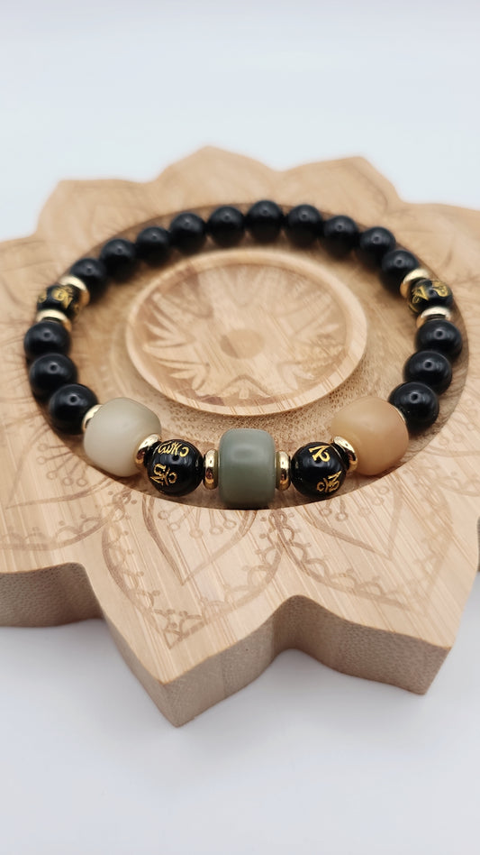 Natural Gemstone Beaded Bracelet - Black Obsidian, Mantra agate, and Bodhi Beads - Green