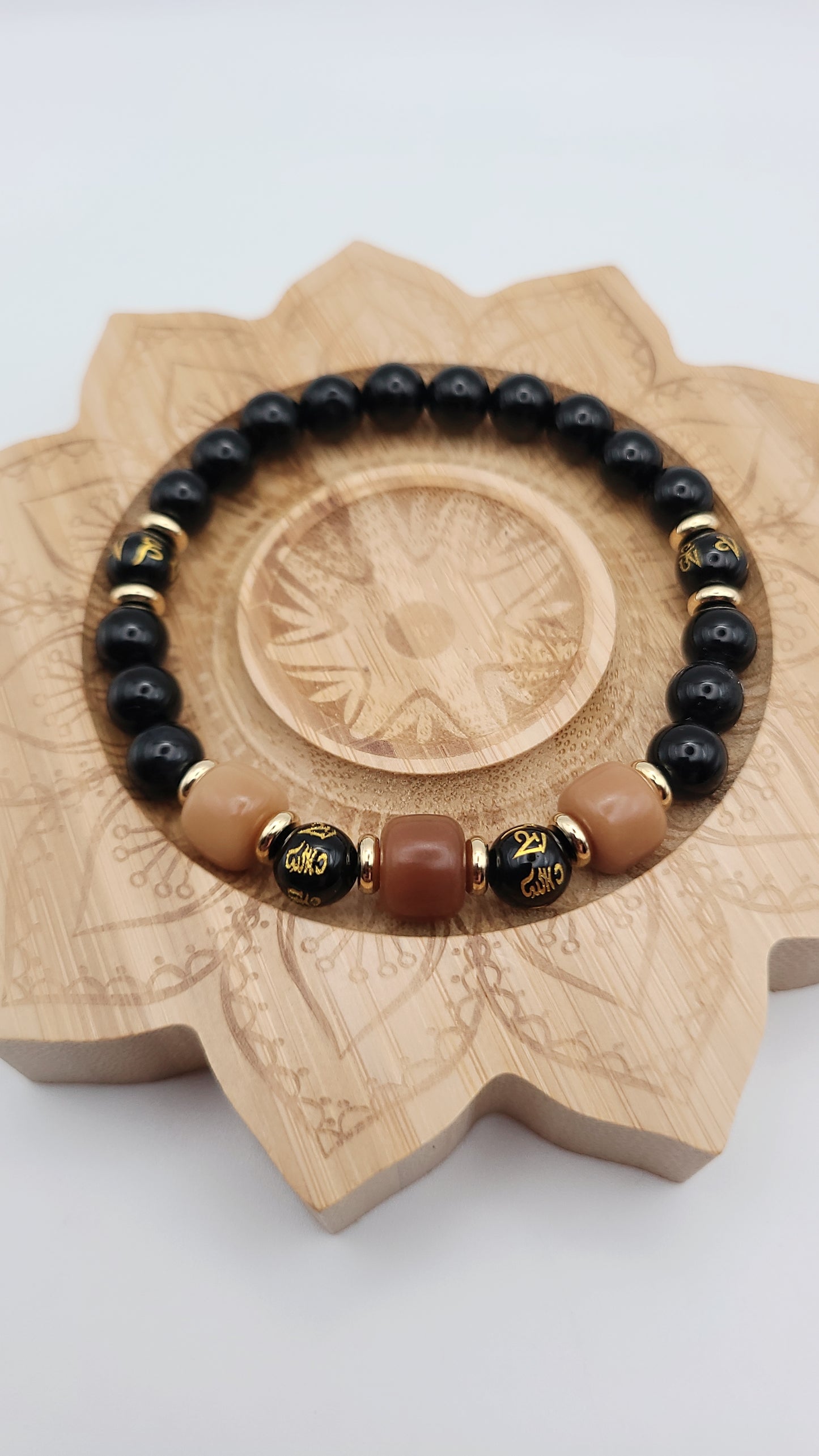 Natural Gemstone Beaded Bracelet - Black Obsidian, Mantra agate, and Bodhi Beads - Brown