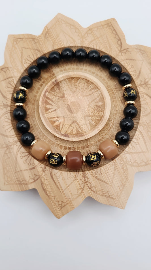 Natural Gemstone Beaded Bracelet - Black Obsidian, Mantra agate, and Bodhi Beads - Brown