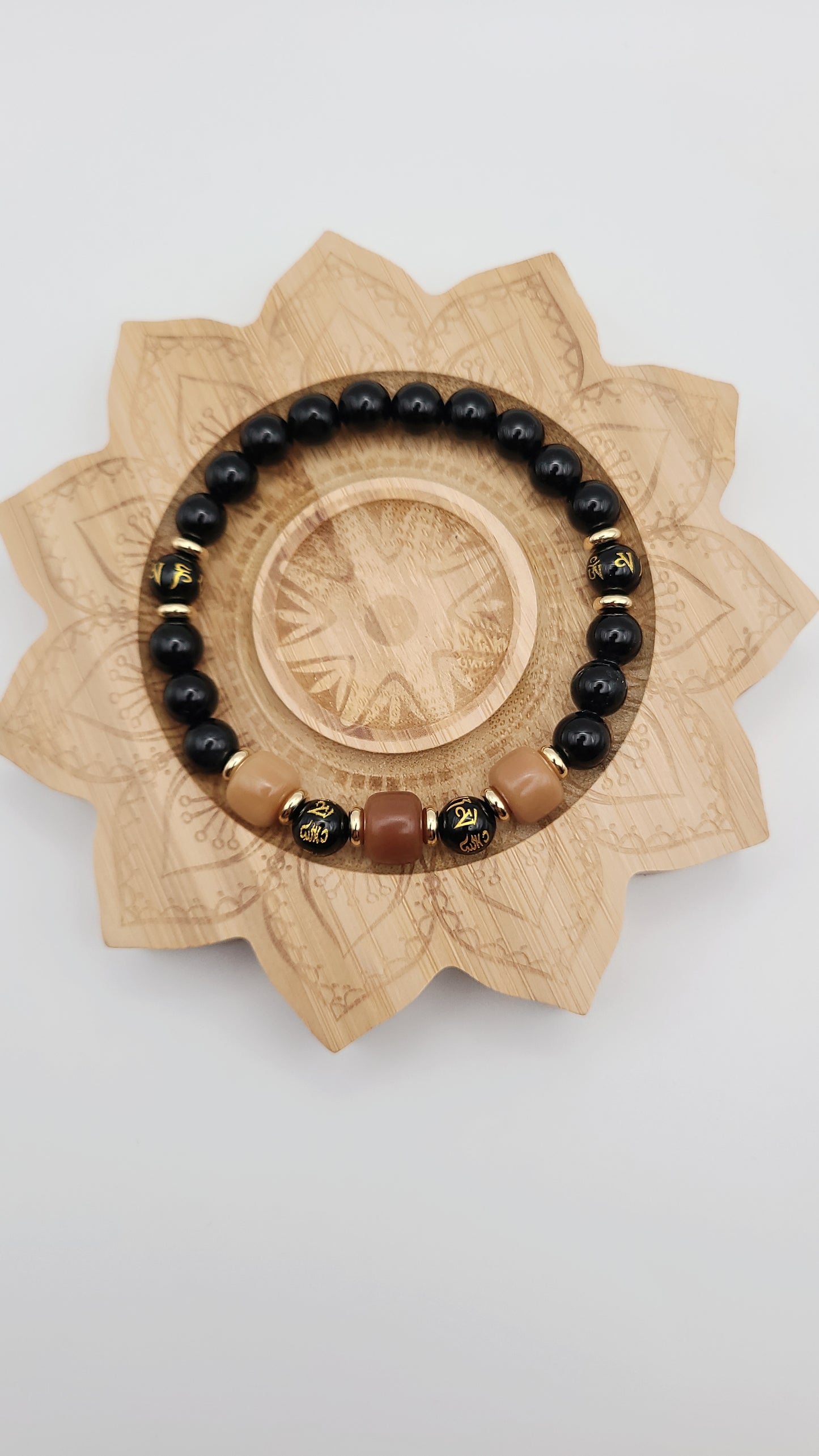 Natural Gemstone Beaded Bracelet - Black Obsidian, Mantra agate, and Bodhi Beads - Brown