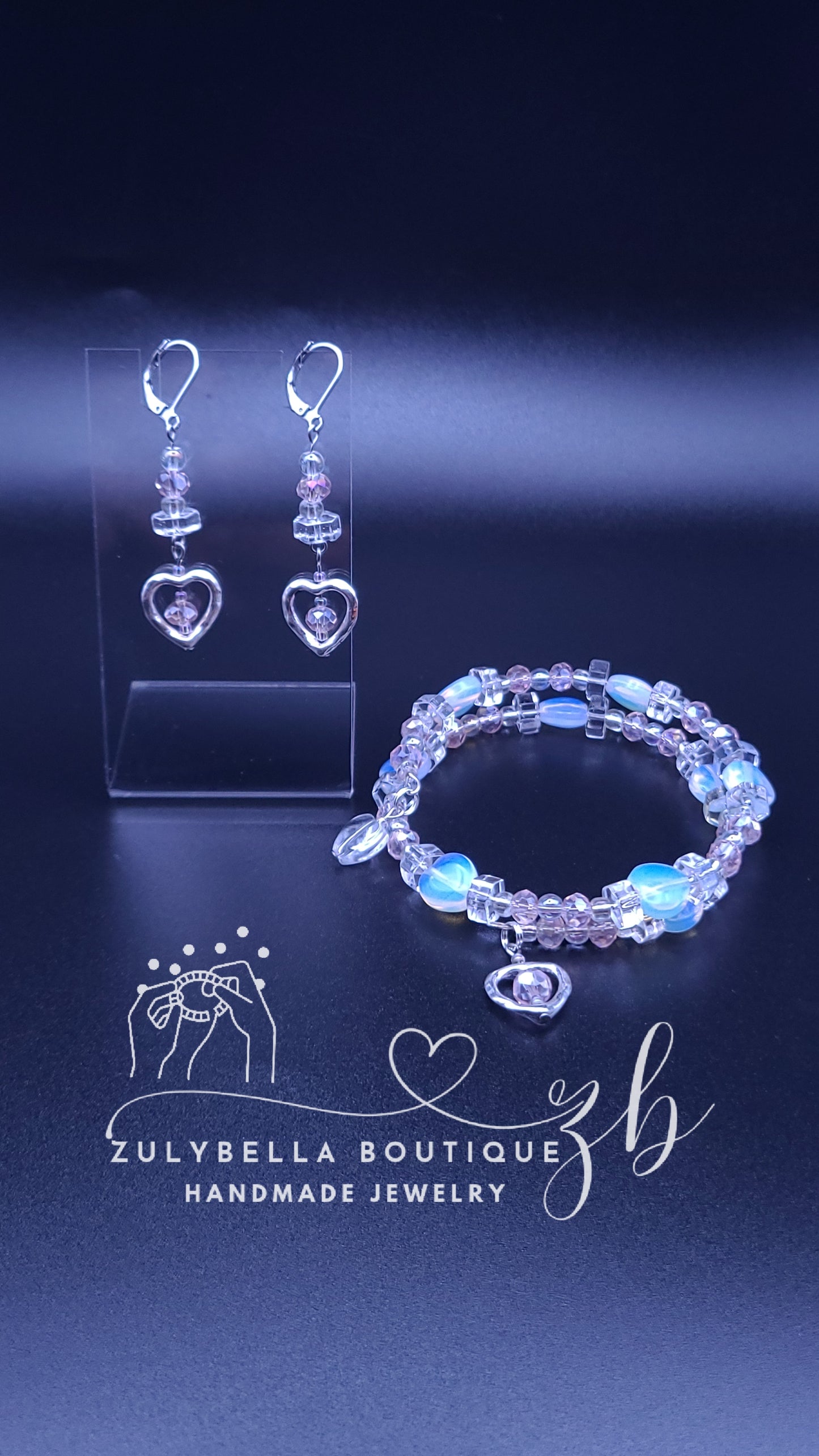 Handmade beaded wrap  bracelet and earring set - Heart Charm.