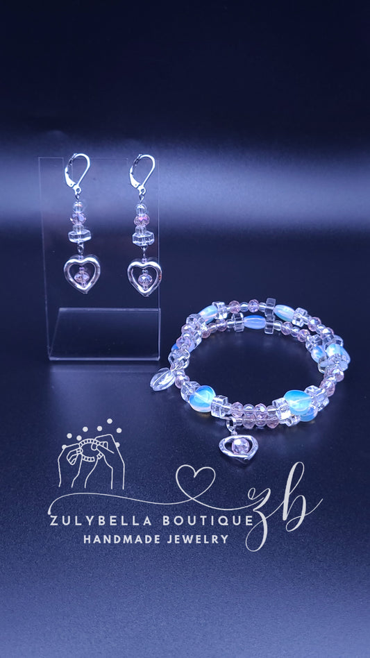 Handmade beaded wrap  bracelet and earring set - Heart Charm.