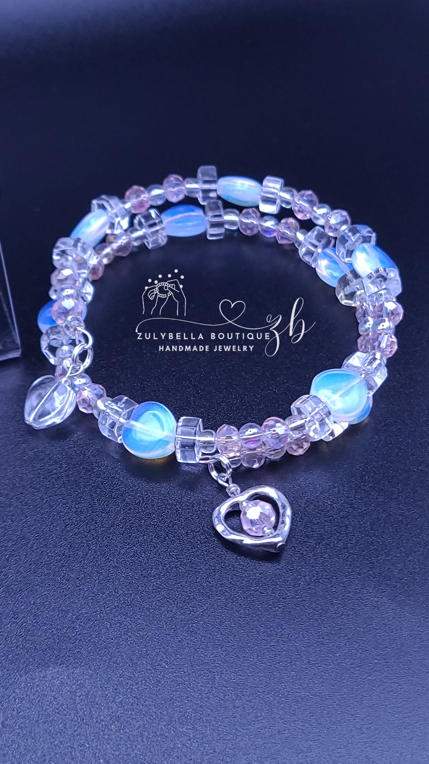 Handmade beaded wrap  bracelet and earring set - Heart Charm.