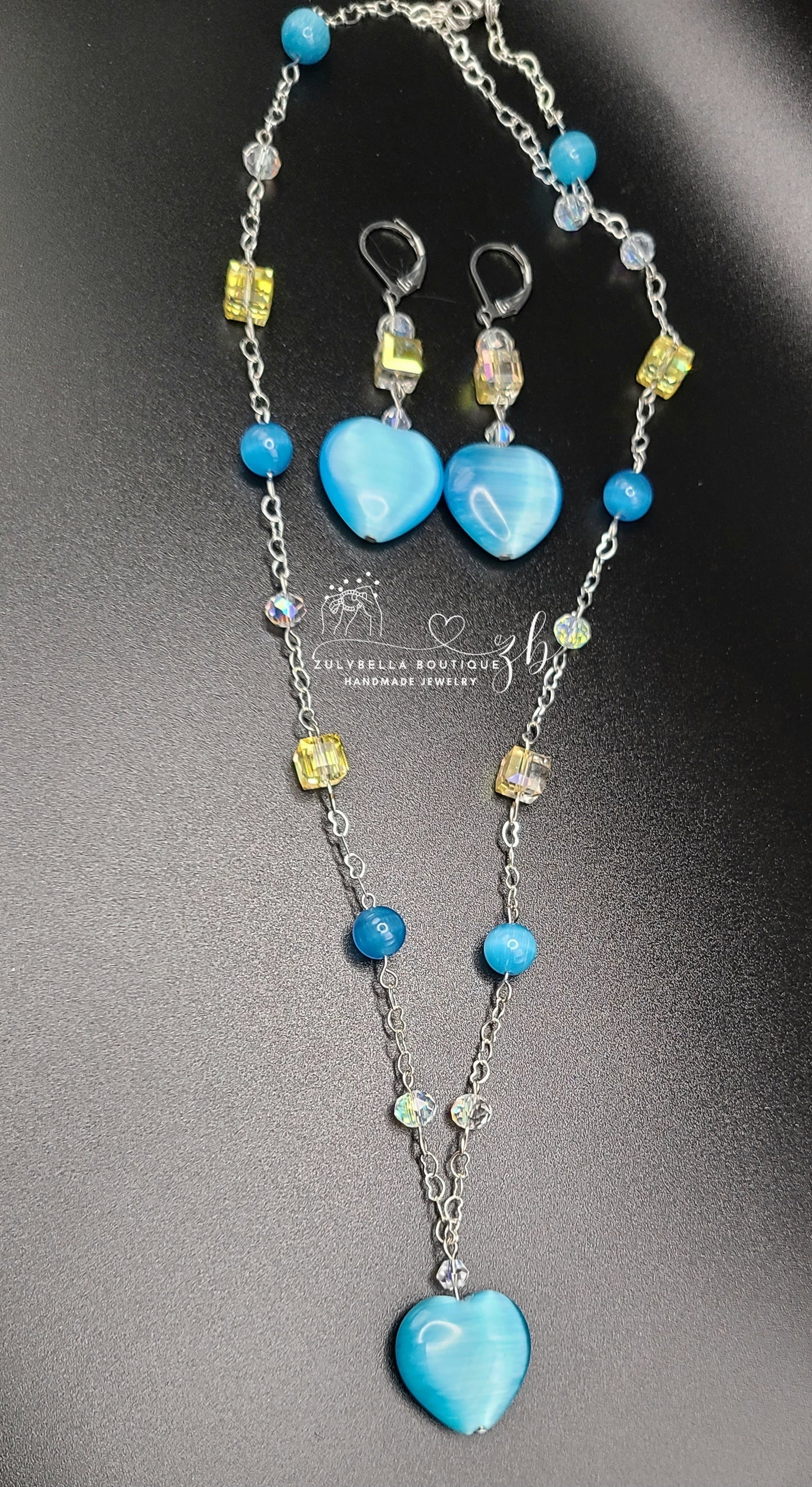 Cat eye Beaded Necklace and Earring Set - Lake Blue - Cat eye Heart