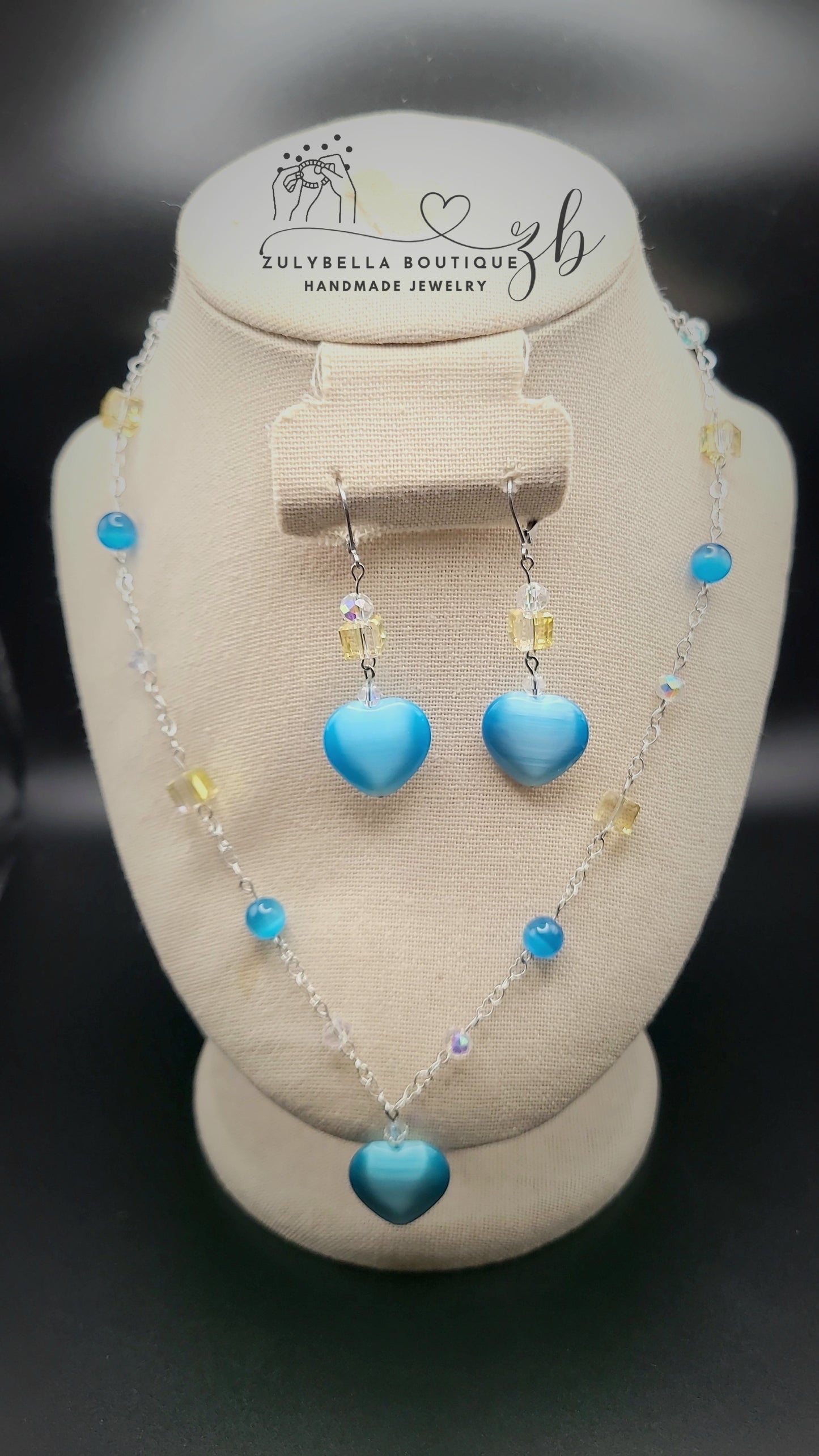 Cat eye Beaded Necklace and Earring Set - Lake Blue - Cat eye Heart