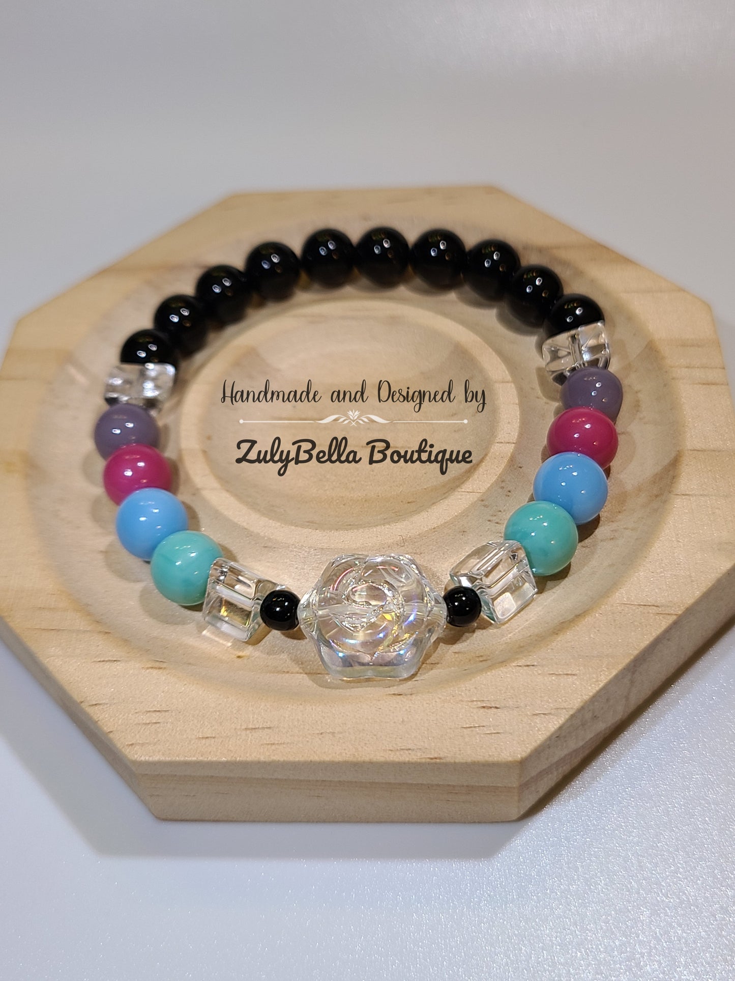 Mixed Beads Stretchy Bracelet-    Glass and Black Agate.