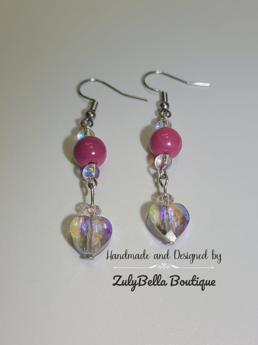 Faceted Heart Glass Dangle Earrings- PInk / Purple