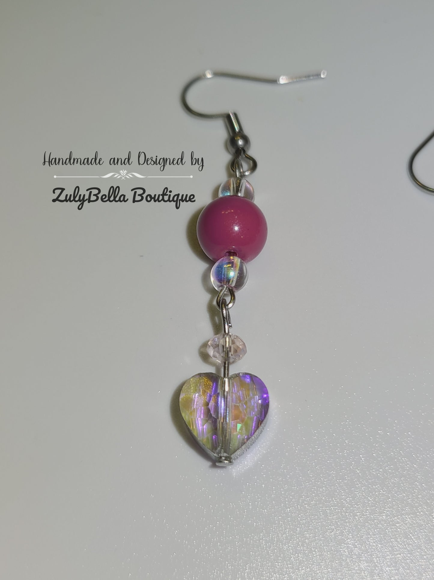 Faceted Heart Glass Dangle Earrings- PInk / Purple