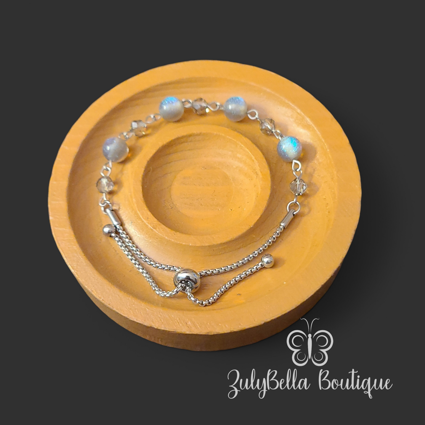 Sparkly Grey Link Glass and Resin Beaded Bracelet with Adjustable Slider.