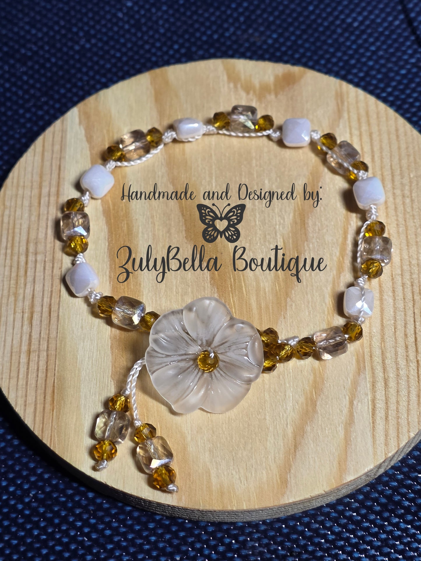 Knotted Cord Bracelet with White Frosted Flower Button Closure