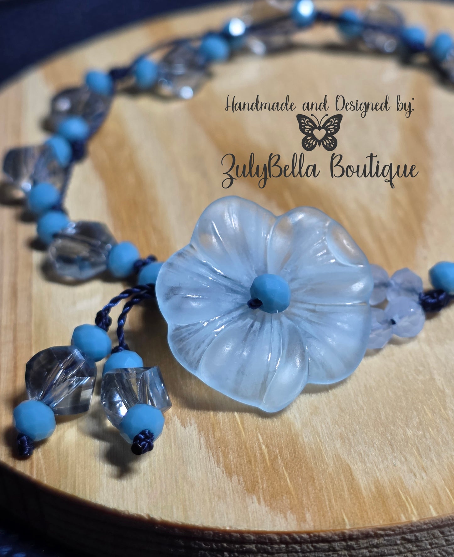 Blue Knotted Cord Bracelet - Frosted Glass Flower Button Closure