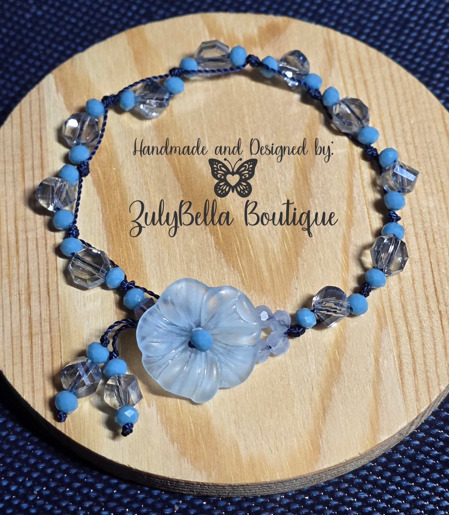 Blue Knotted Cord Bracelet - Frosted Glass Flower Button Closure