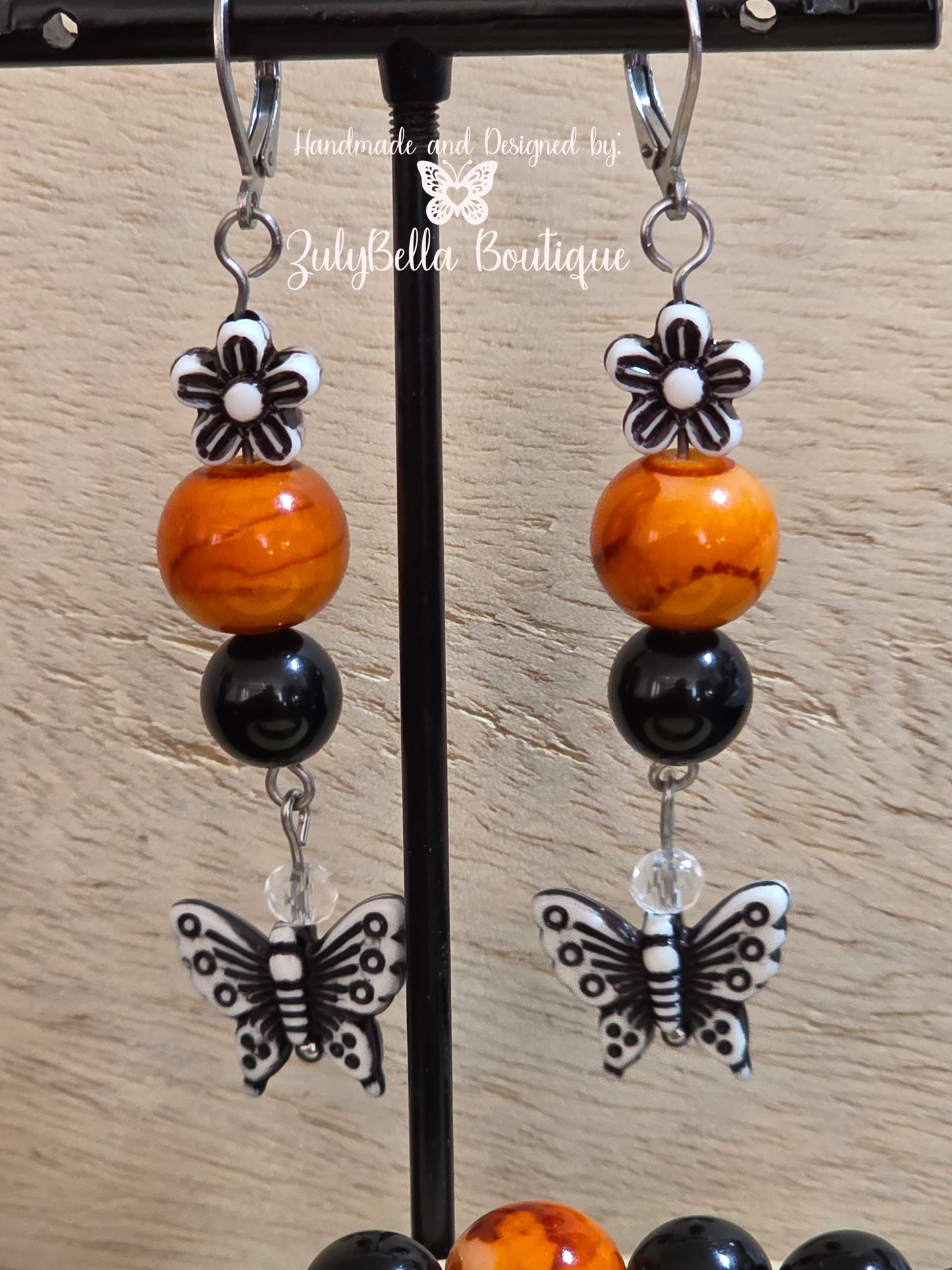 Butterfly Bracelet and Earring Jewelry Set - Orange/ Black