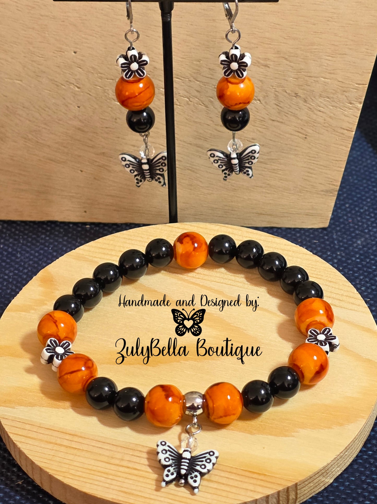 Butterfly Bracelet and Earring Jewelry Set - Orange/ Black