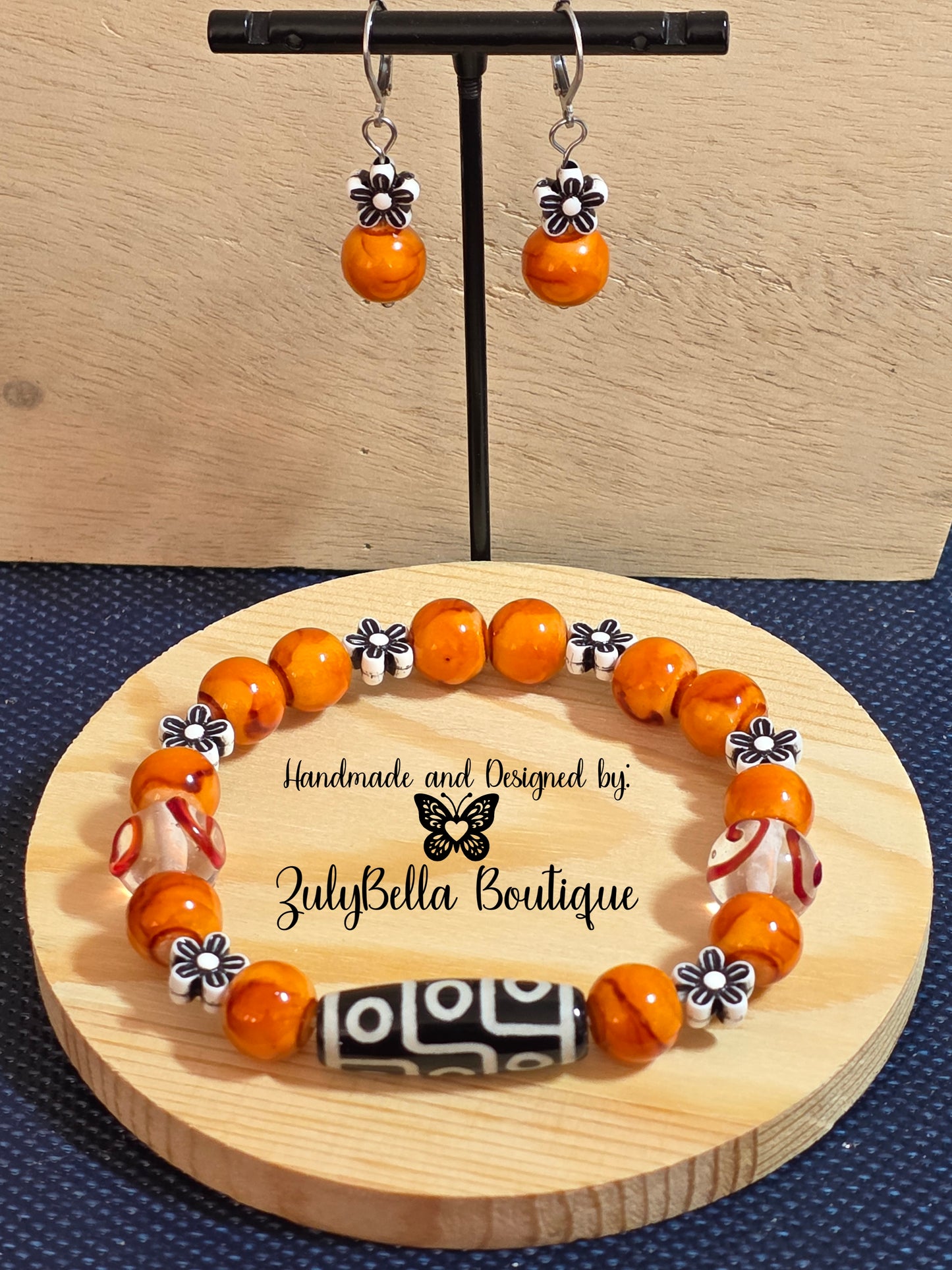 Dzi Focal Bracelet and Earring Jewelry Set- Orange