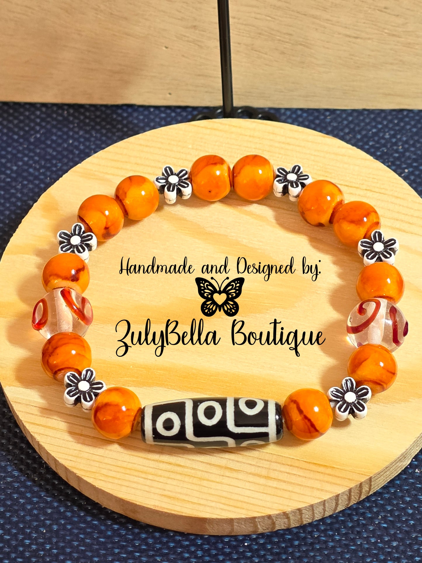 Dzi Focal Bracelet and Earring Jewelry Set- Orange