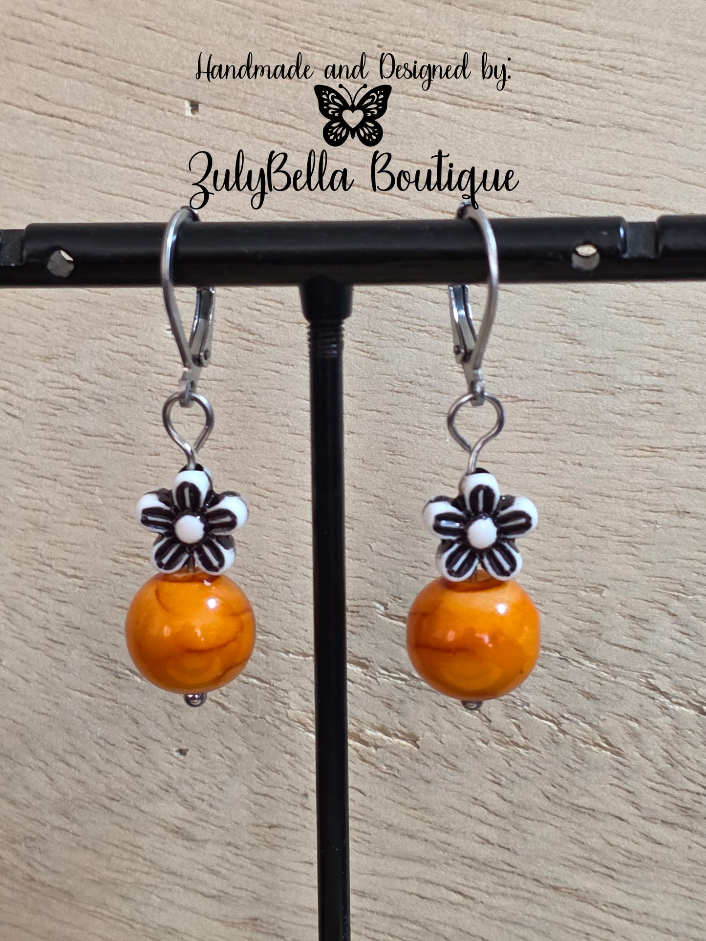 Dzi Focal Bracelet and Earring Jewelry Set- Orange